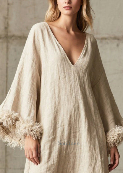 White V Neck Patchwork Faux Fur Dresses Flare Sleeve