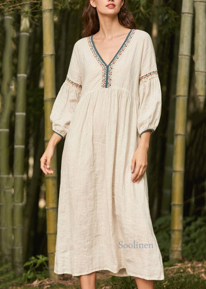 White V Neck Patchwork Linen Dress Bracelet Sleeve