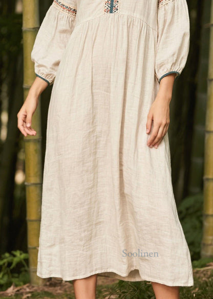 White V Neck Patchwork Linen Dress Bracelet Sleeve
