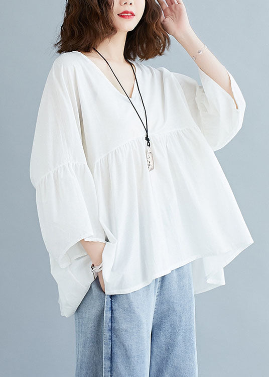 White V Neck Patchwork Loose Fall Tops Half Sleeve