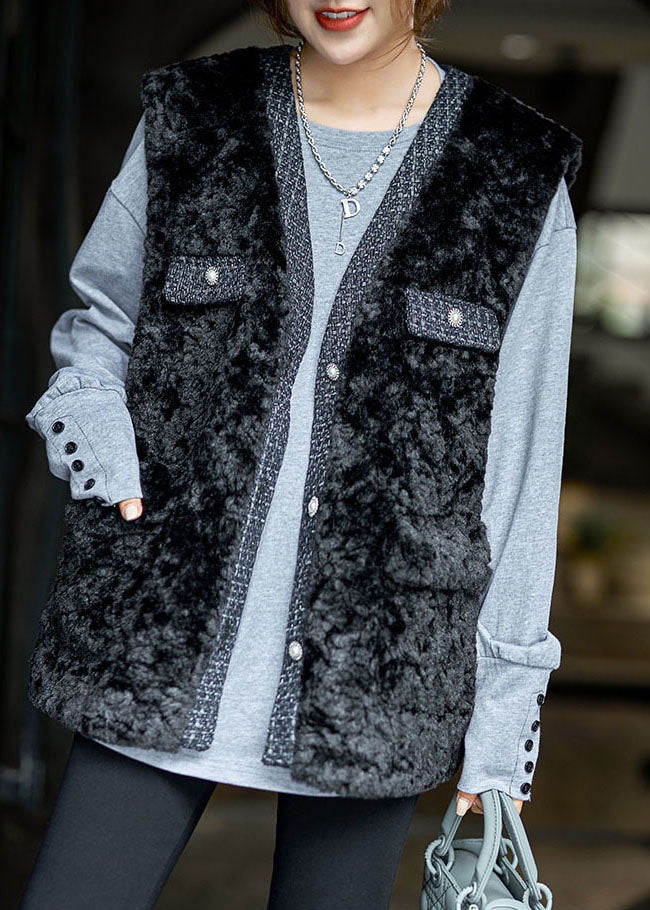 White V Neck Patchwork Teddy Faux Fur Beach Vest Winter