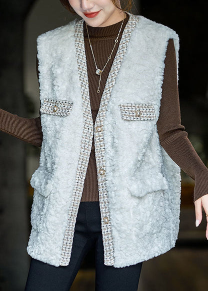 White V Neck Patchwork Teddy Faux Fur Beach Vest Winter