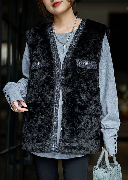 White V Neck Patchwork Teddy Faux Fur Beach Vest Winter