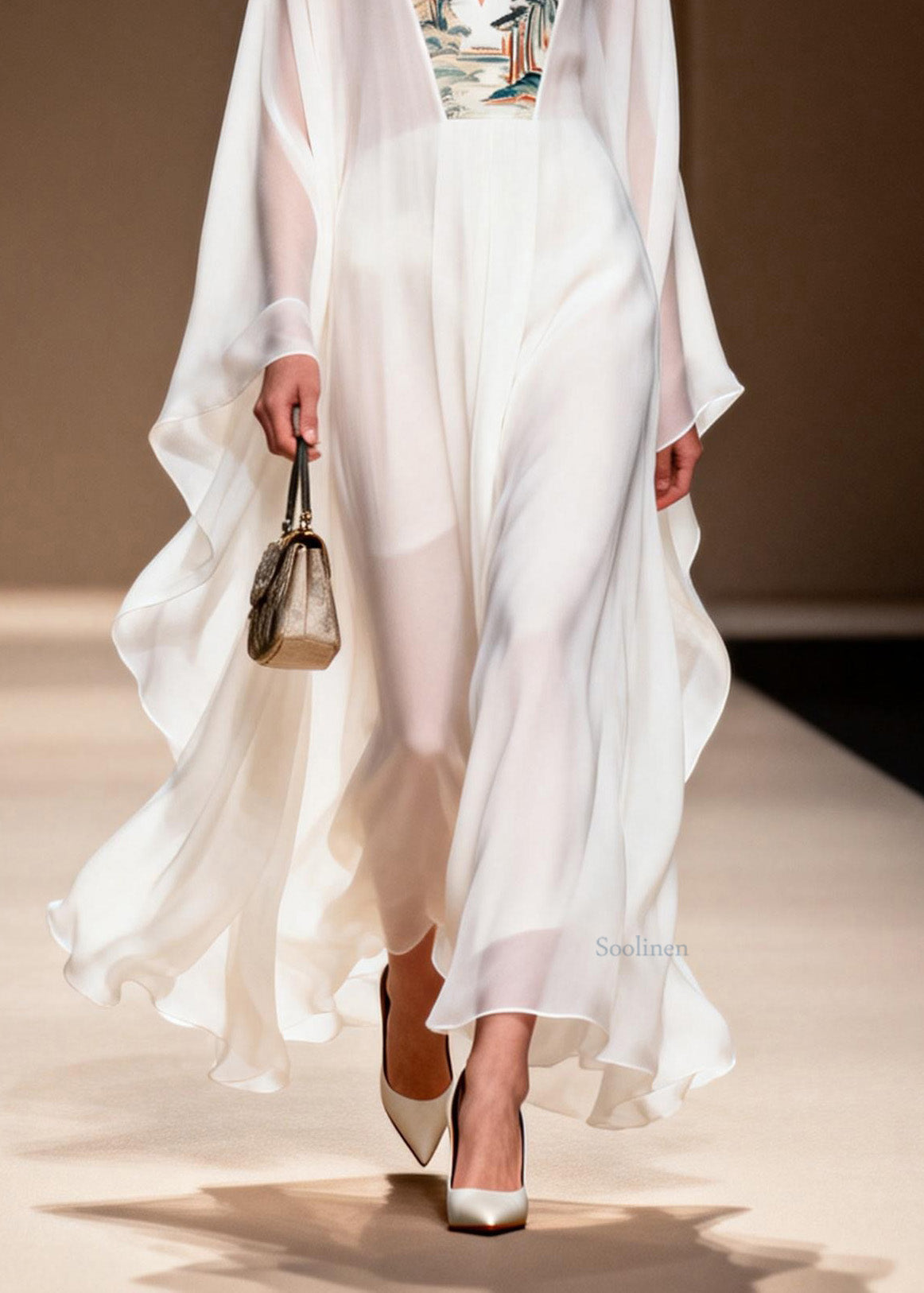 White V Neck Print Patchwork Chiffon Dress Spring