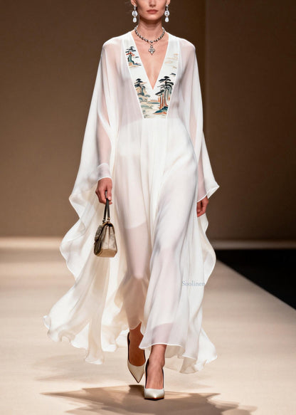 White V Neck Print Patchwork Chiffon Dress Spring