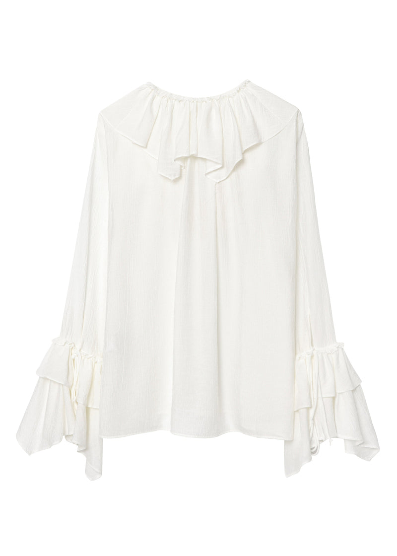 White V Neck Ruffled Patchwork Chiffon Top Fall