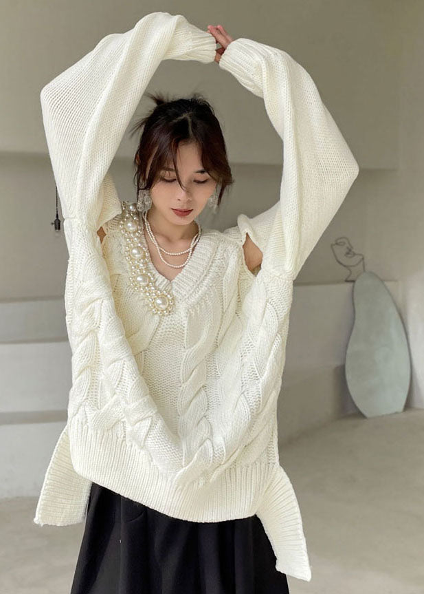 White V Neck Thick Knit Sweaters Winter