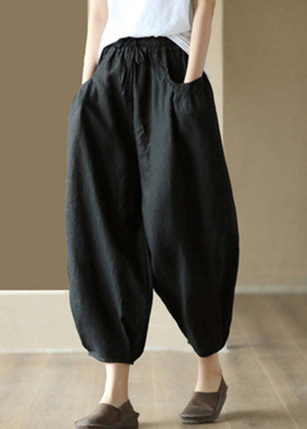 White Wrinkled Tie Waist Linen Lantern Pants Summer