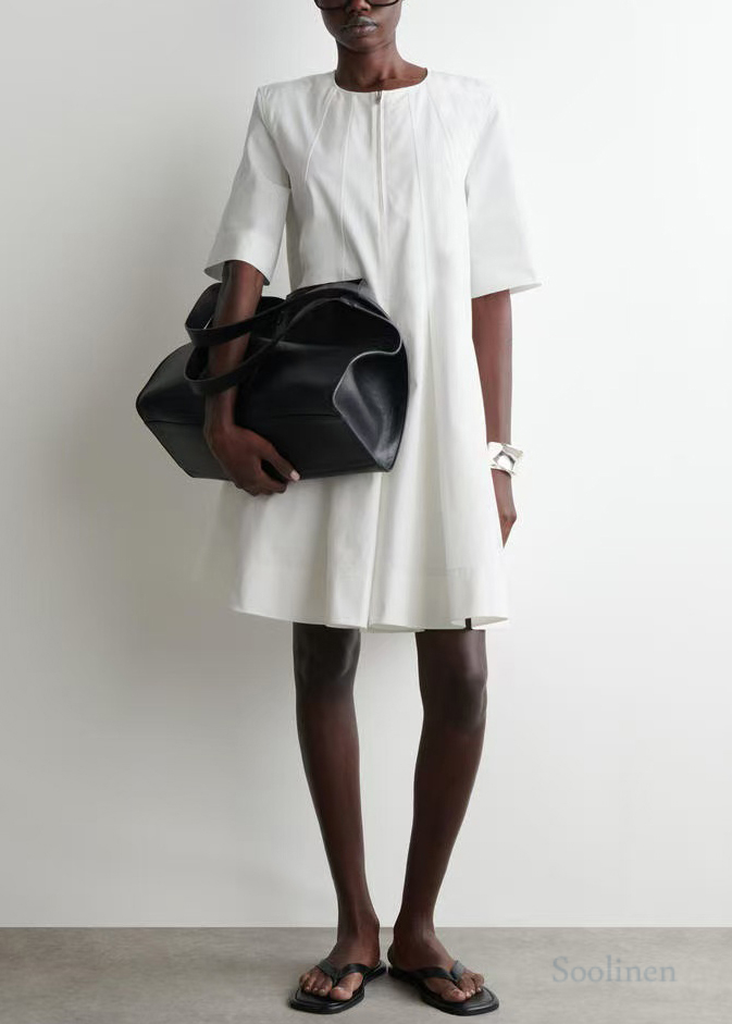 White Zip Up Cotton Day Dress Half Sleeve