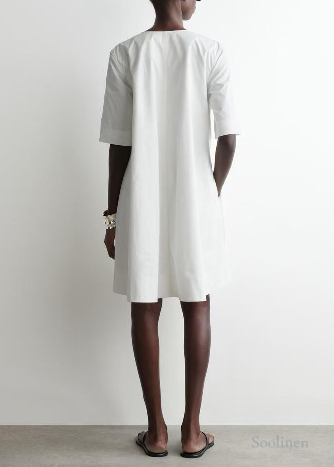 White Zip Up Cotton Day Dress Half Sleeve