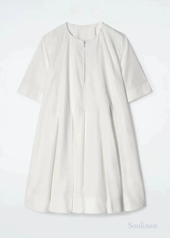 White Zip Up Cotton Day Dress Half Sleeve