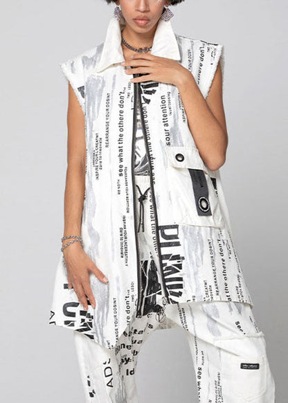 White Zip Up Print Vest Spring