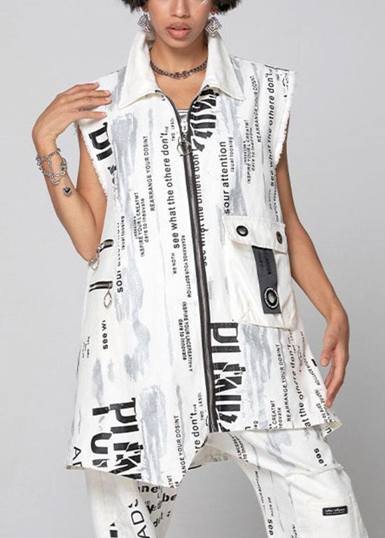 White Zip Up Print Vest Spring