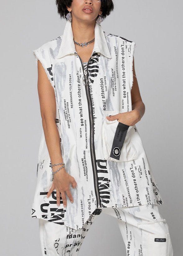 White Zip Up Print Vest Spring
