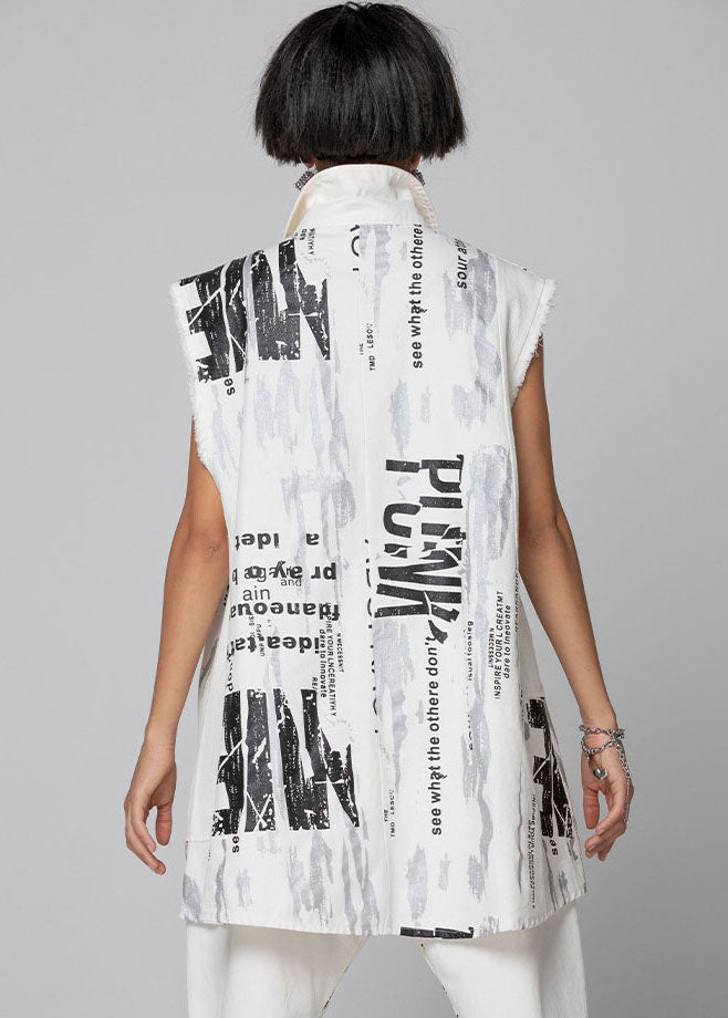 White Zip Up Print Vest Spring