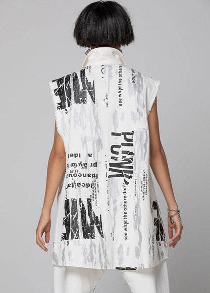 White Zip Up Print Vest Spring