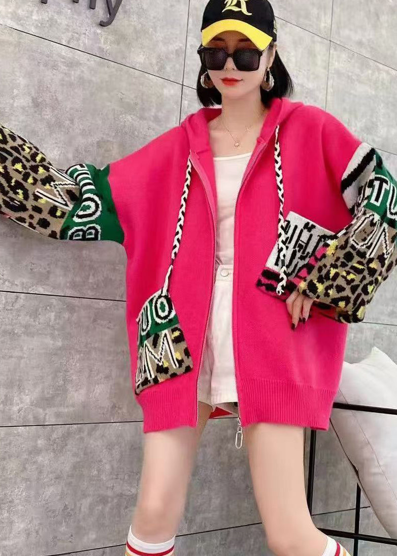 White Zippered Hooded Graphic Knit Coat Spring