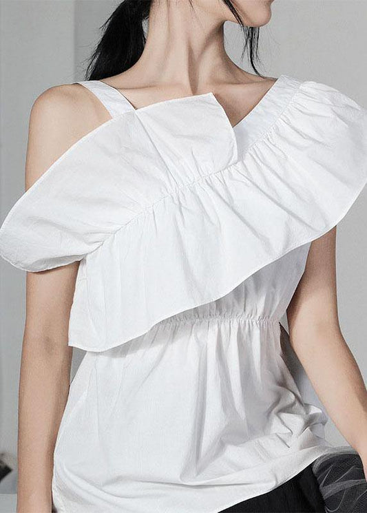 White Asymmetrical Design Cold Shoulder Ruffles Summer Shirt Top