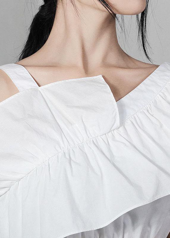 White Asymmetrical Design Cold Shoulder Ruffles Summer Shirt Top