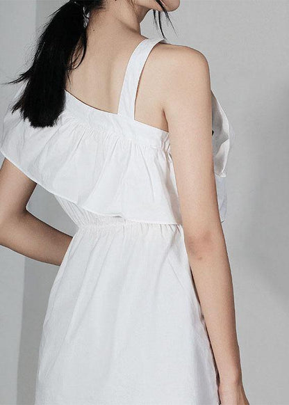 White Asymmetrical Design Cold Shoulder Ruffles Summer Shirt Top