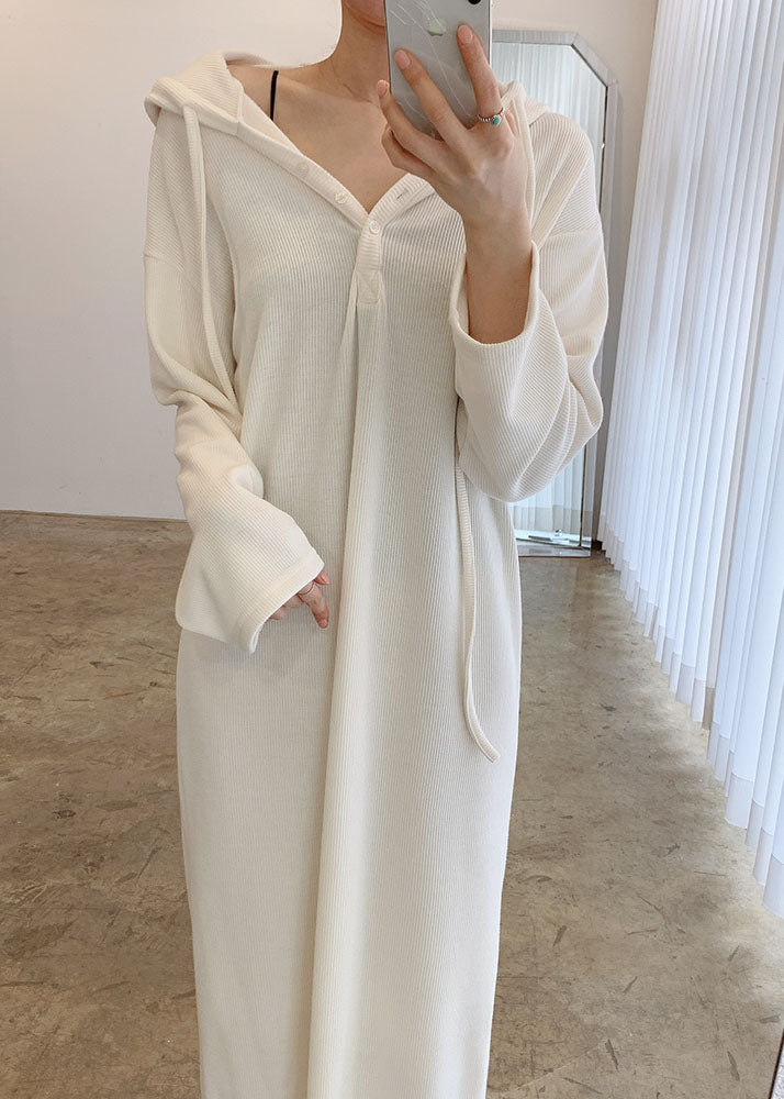 White Drawstring Button Dresses Spring