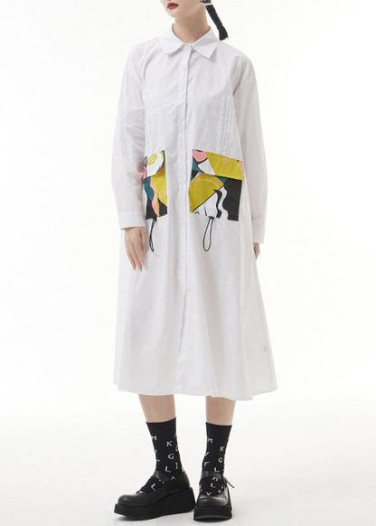 White Wrinkled Peter Pan Collar Pockets Print Shirt Dresses Spring