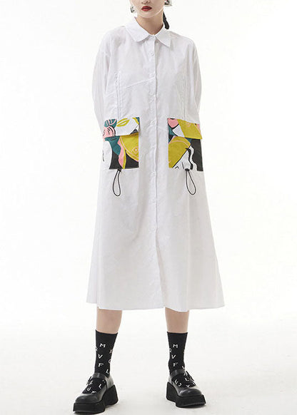 White Wrinkled Peter Pan Collar Pockets Print Shirt Dresses Spring
