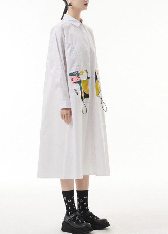White Wrinkled Peter Pan Collar Pockets Print Shirt Dresses Spring