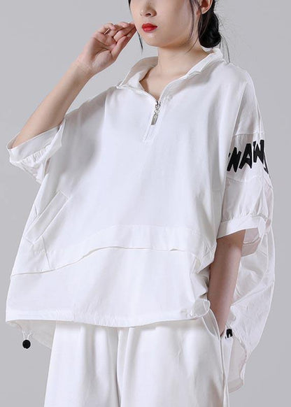 White Zippered Cotton Blouse Tops Summer