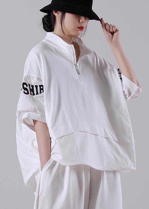 White Zippered Cotton Blouse Tops Summer