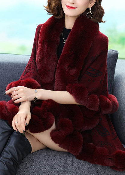 Wine Red Fur Collar Print Patchwork Woolen Coat Fall