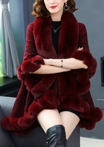 Wine Red Fur Collar Print Patchwork Woolen Coat Fall