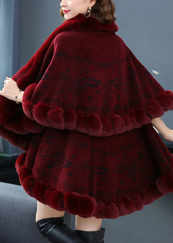 Wine Red Fur Collar Print Patchwork Woolen Coat Fall