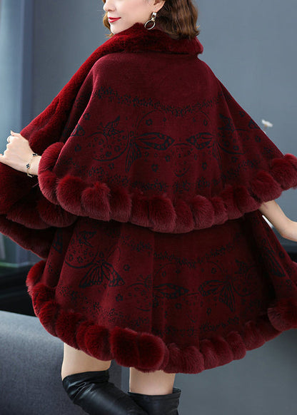 Wine Red Fur Collar Print Patchwork Woolen Coat Fall
