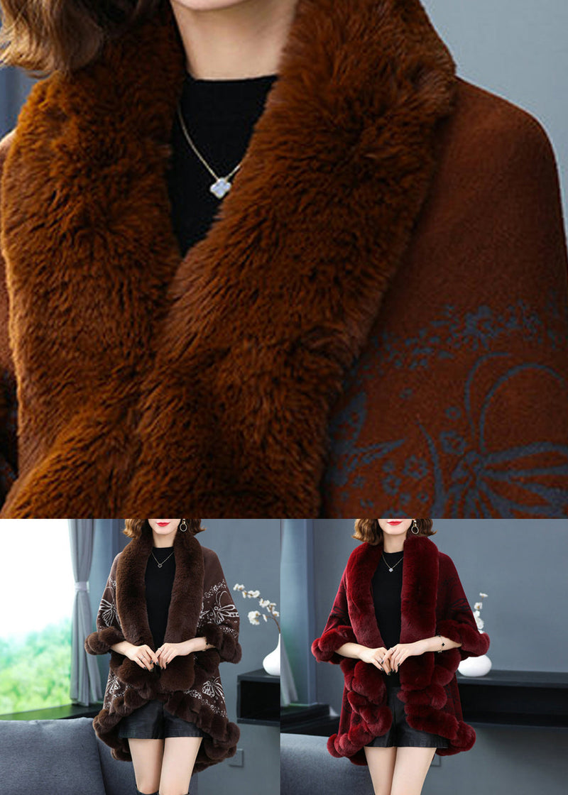 Wine Red Fur Collar Print Patchwork Woolen Coat Fall