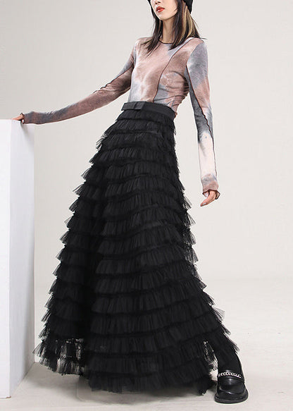 Black Patchwork Tulle Skirt Spring