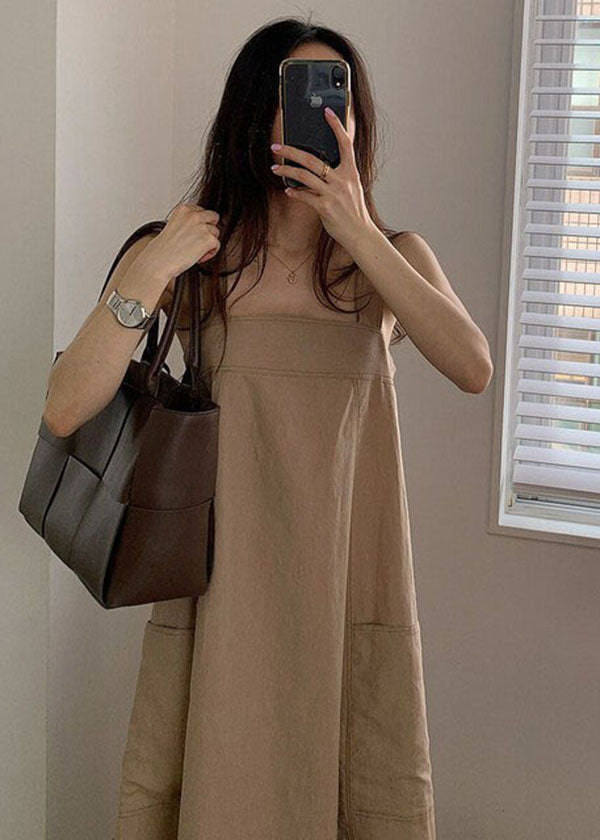 Khaki Pockets Linen Dresses Sleeveless