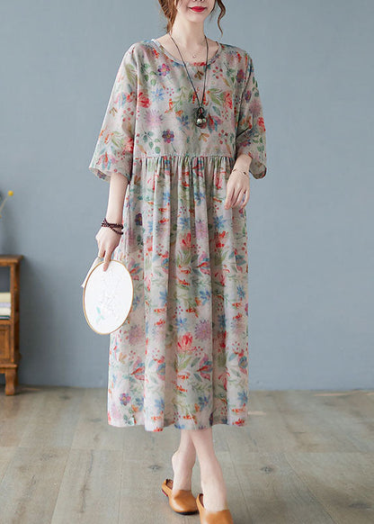 Wrinkled Print Exra Large Hem Linen Long Dress Three Quarter Sleeve
