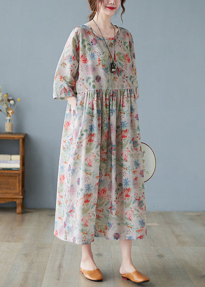 Wrinkled Print Exra Large Hem Linen Long Dress Three Quarter Sleeve