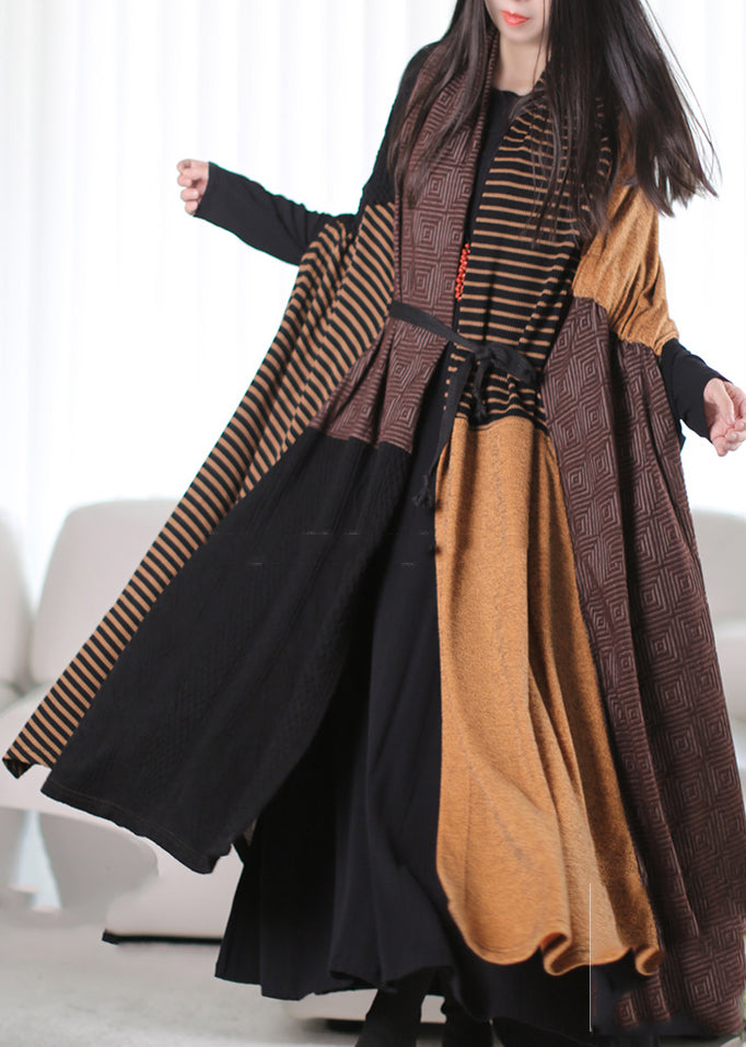Yellow Asymmetrical Design Patchwork Maxi Trench Coats Winter