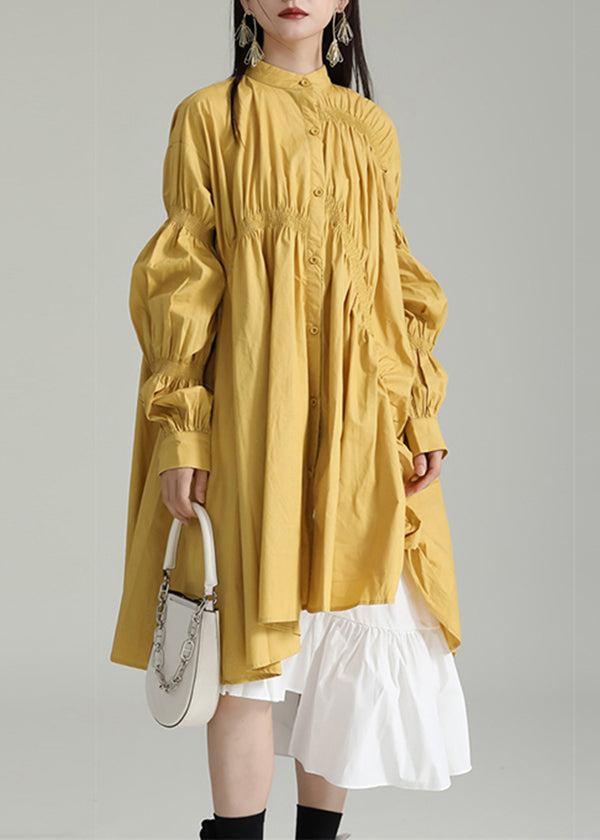 Yellow Asymmetrical Patchwork Cotton Shirts Dress Fall