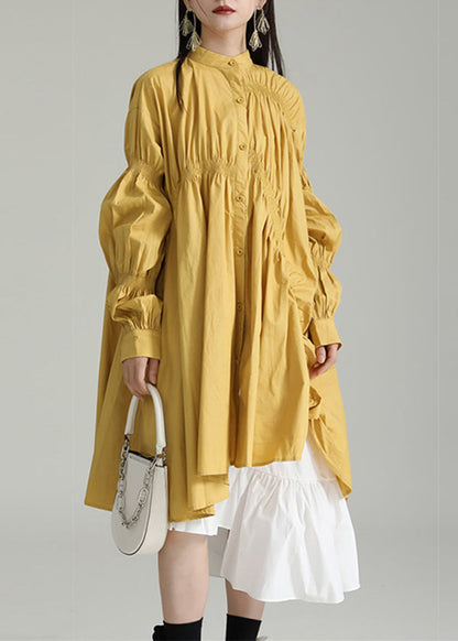 Yellow Asymmetrical Patchwork Cotton Shirts Dress Fall