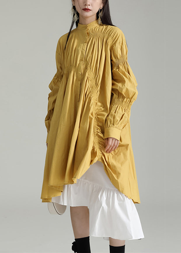 Yellow Asymmetrical Patchwork Cotton Shirts Dress Fall