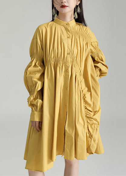 Yellow Asymmetrical Patchwork Cotton Shirts Dress Fall