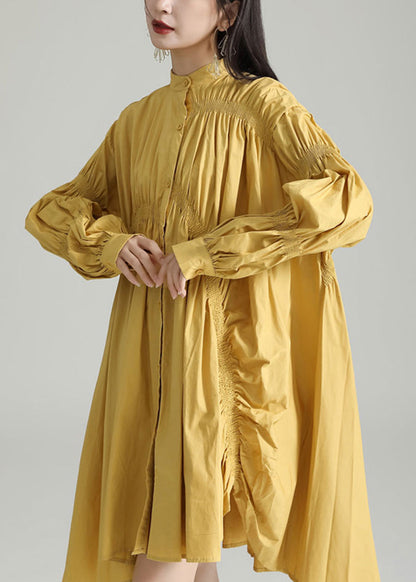 Yellow Asymmetrical Patchwork Cotton Shirts Dress Fall