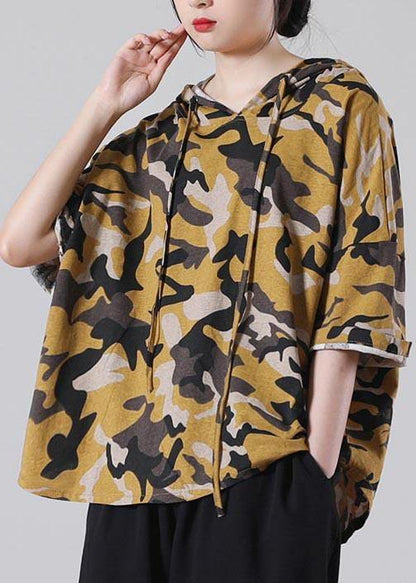 Yellow Camouflage Hooded Cotton Summer Blouses
