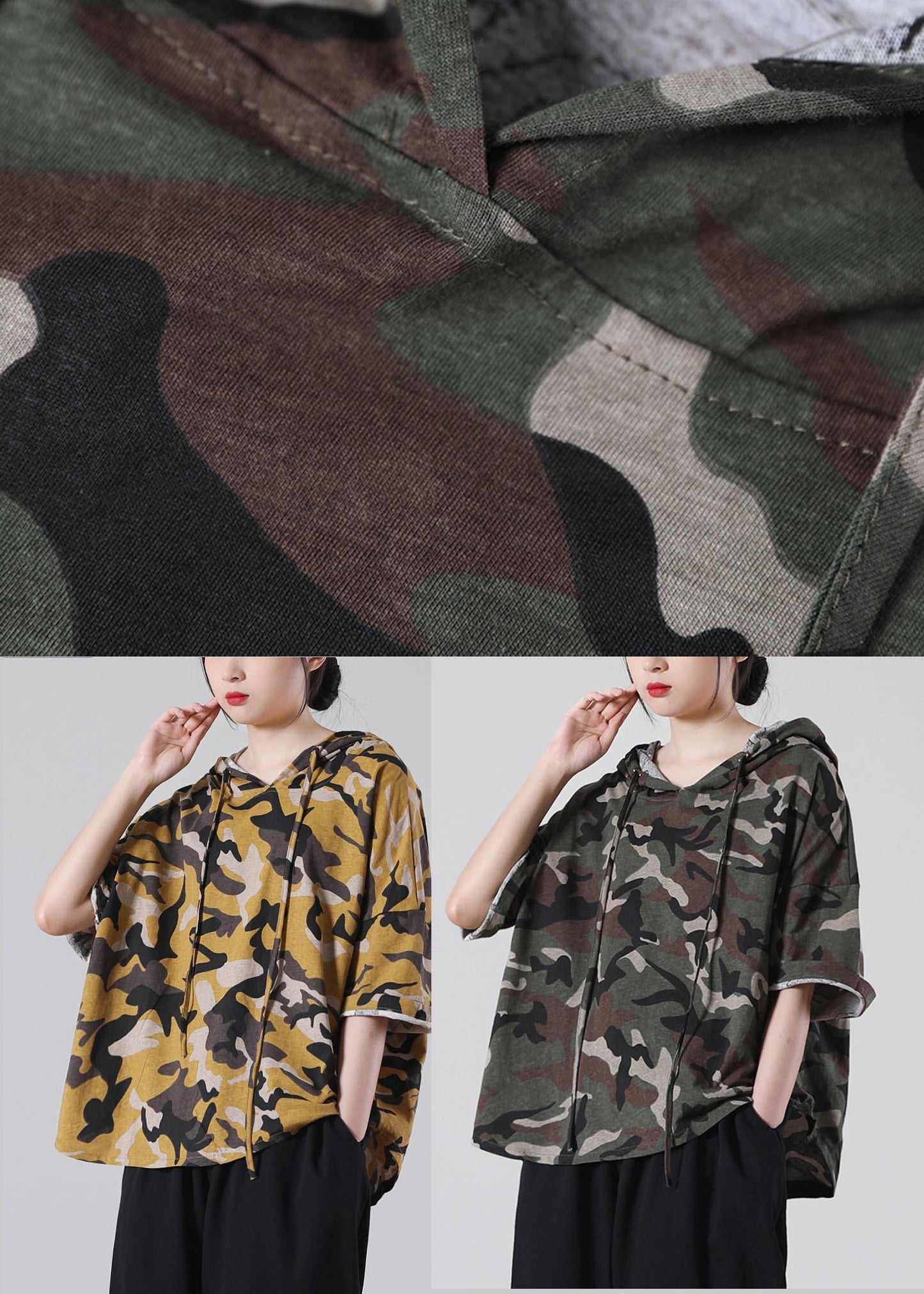 Yellow Camouflage Hooded Cotton Summer Blouses