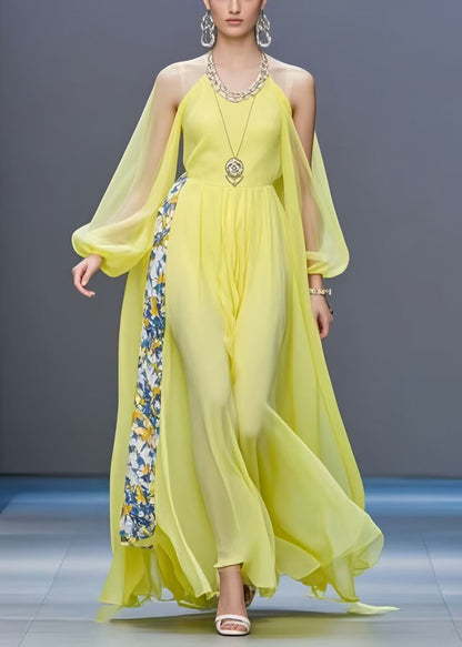 Yellow Cold Shoulder Patchwork Chiffon Long Dress Summer