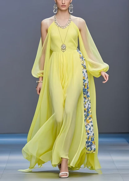 Yellow Cold Shoulder Patchwork Chiffon Long Dress Summer