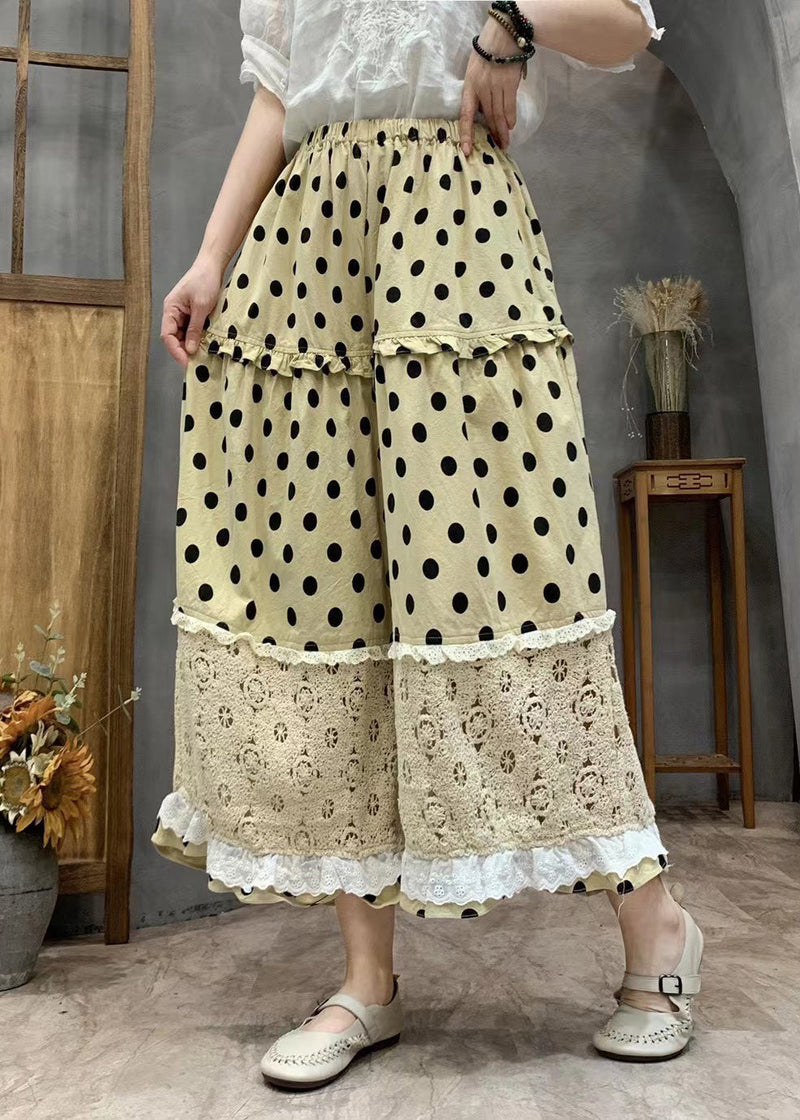 Yellow Dot Print Ruffled Patchwork Elastic Waist Crop Wide Leg Pants